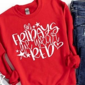 On Friday We Wear Red Military Patriotic crewneck sweatshirt. (No jeans/shoes).